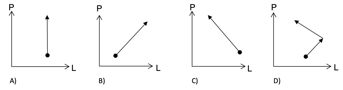 Vier kleine Koordinatendiagramme mit Pfeilen und Punkten, beschriftet A bis D.